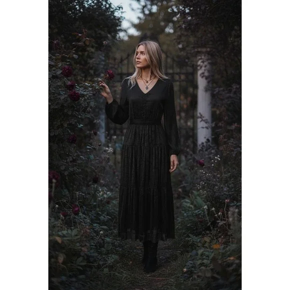 Halara Black Velvet Long Sleeve Tiered Maxi Dress Medium NWT Halara Black Velvet Long Sleeve Tiered Maxi Dress Medium NWT